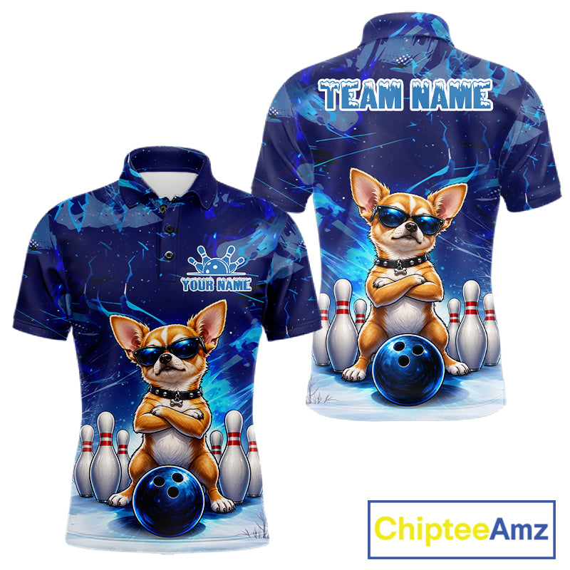 Blue Funny Chihuahua Dog Bowling Shirt For Men Custom Bowling Team Jersey Polo & Quarter Zip TDM7882