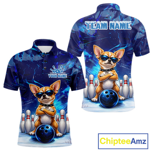 Blue Funny Chihuahua Dog Bowling Shirt For Men Custom Bowling Team Jersey Polo & Quarter Zip TDM7882