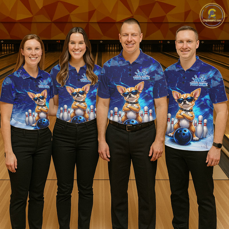 Blue Funny Chihuahua Dog Bowling Shirt For Men Custom Bowling Team Jersey Polo & Quarter Zip TDM7882