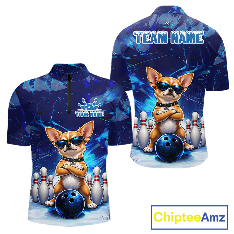 Blue Funny Chihuahua Dog Bowling Shirt For Men Custom Bowling Team Jersey Polo & Quarter Zip TDM7882