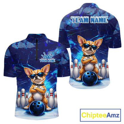 Blue Funny Chihuahua Dog Bowling Shirt For Men Custom Bowling Team Jersey Polo & Quarter Zip TDM7882