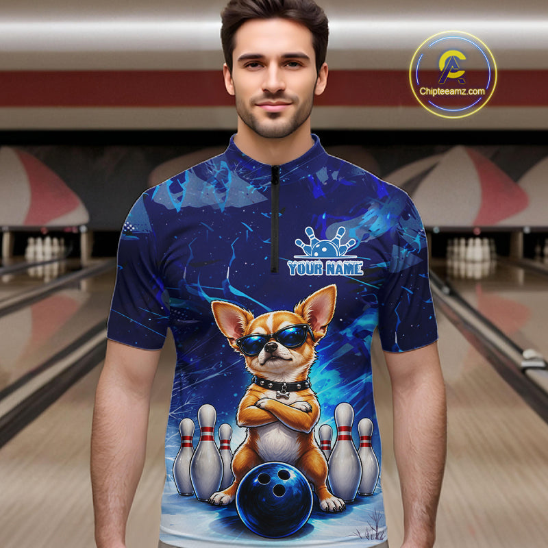 Blue Funny Chihuahua Dog Bowling Shirt For Men Custom Bowling Team Jersey Polo & Quarter Zip TDM7882