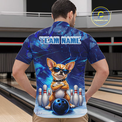 Blue Funny Chihuahua Dog Bowling Shirt For Men Custom Bowling Team Jersey Polo & Quarter Zip TDM7882