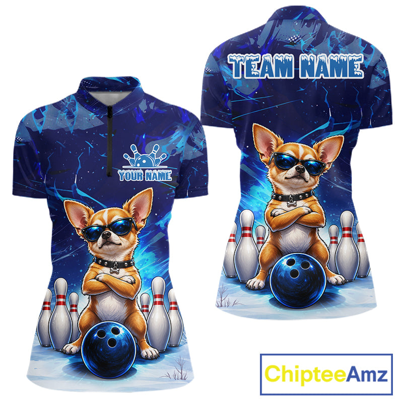 Blue Funny Chihuahua Dog Bowling Shirt For Women Custom Bowling Team Jersey Polo & Quarter Zip TDM7882