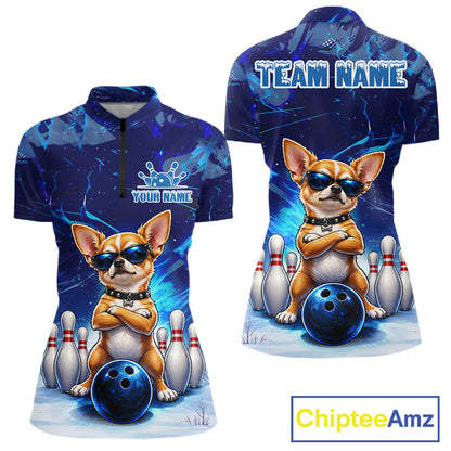 Blue Funny Chihuahua Dog Bowling Shirt For Women Custom Bowling Team Jersey Polo & Quarter Zip TDM7882