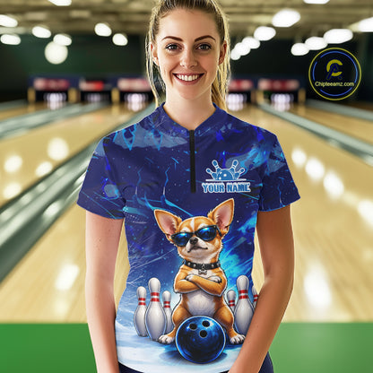 Blue Funny Chihuahua Dog Bowling Shirt For Women Custom Bowling Team Jersey Polo & Quarter Zip TDM7882