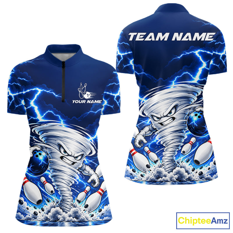 Blue Lightning Thunder Funny Tornado Bowling Shirt For Women Custom Bowling Jersey Polo & 1/4 Zip TDM7884