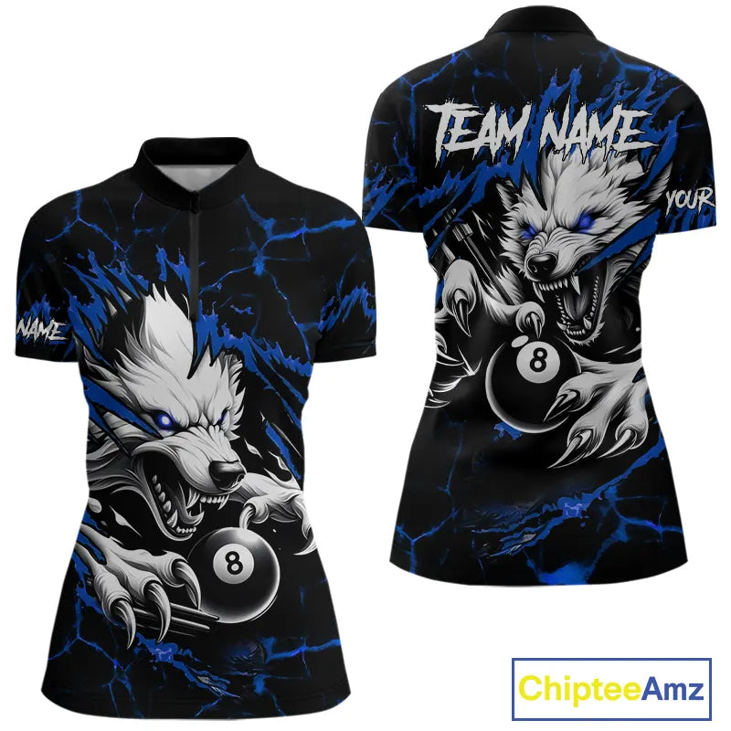Personalized Thunder Lightning Wolf Billiard Shirts For Women Custom Billiard Team Jerseys |Blue TDM5466