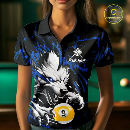 Personalized 9 Ball Pool Wolf Billiard Shirts For Women, Billiard Team Jersey Polo & 1/4 Zip |Blue TDM5468