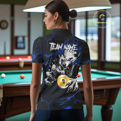 Personalized 9 Ball Pool Wolf Billiard Shirts For Women, Billiard Team Jersey Polo & 1/4 Zip |Blue TDM5468