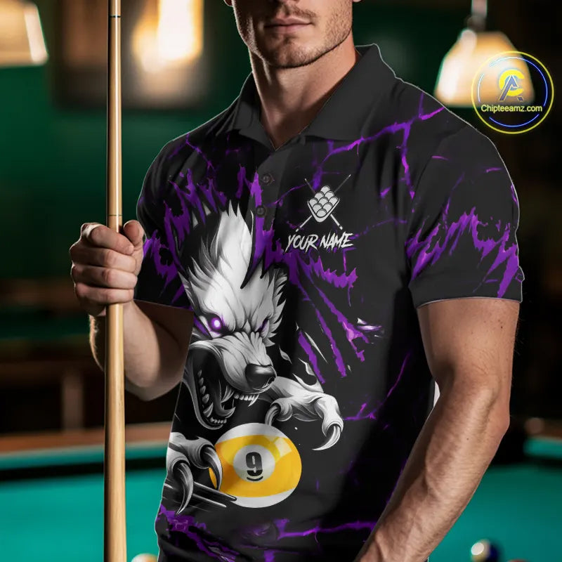 Personalized 9 Ball Pool Wolf Billiard Shirt For Men, Billiard Team Jersey Polo & 1/4 Zip|Purple TDM5469
