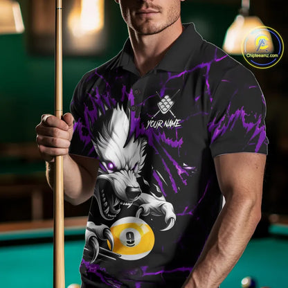 Personalized 9 Ball Pool Wolf Billiard Shirt For Men, Billiard Team Jersey Polo & 1/4 Zip|Purple TDM5469