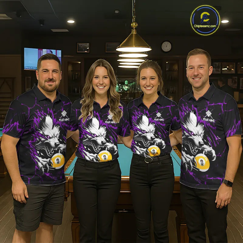 Personalized 9 Ball Pool Wolf Billiard Shirt For Women, Billiard Team Jersey Polo & 1/4 Zip|Purple TDM5469