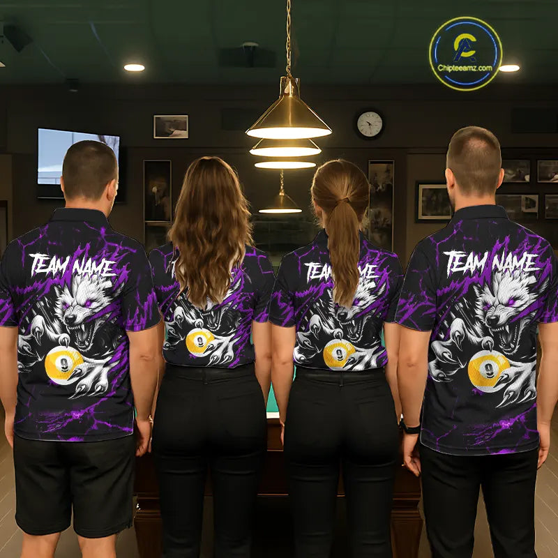Personalized 9 Ball Pool Wolf Billiard Shirt For Women, Billiard Team Jersey Polo & 1/4 Zip|Purple TDM5469