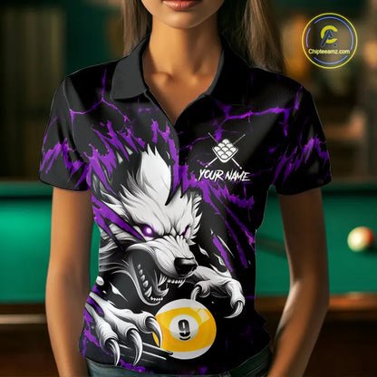 Personalized 9 Ball Pool Wolf Billiard Shirt For Women, Billiard Team Jersey Polo & 1/4 Zip|Purple TDM5469
