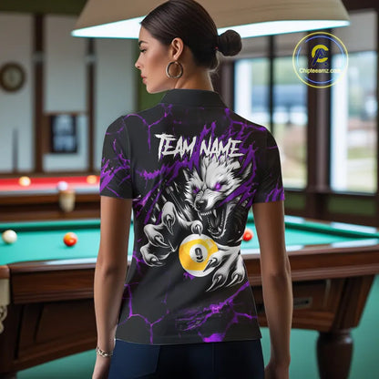 Personalized 9 Ball Pool Wolf Billiard Shirt For Women, Billiard Team Jersey Polo & 1/4 Zip|Purple TDM5469