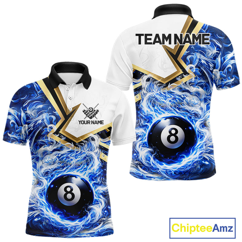 Blue 8 Ball Flame Smoke Golden Billiard Shirt For Men Custom Pool Team Jersey Polo & 1/4 Zip TDM5735