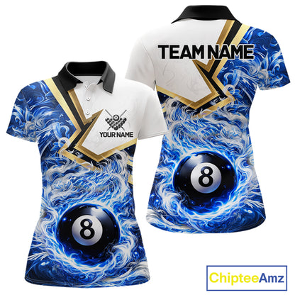 Blue 8 Ball Flame Smoke Golden Billiard Shirt For Women Custom Pool Team Jersey Polo & 1/4 Zip TDM5735