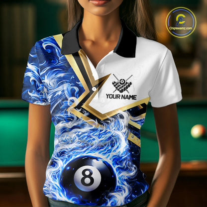 Blue 8 Ball Flame Smoke Golden Billiard Shirt For Women Custom Pool Team Jersey Polo & 1/4 Zip TDM5735