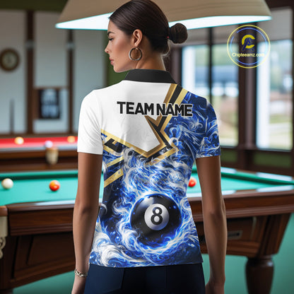 Blue 8 Ball Flame Smoke Golden Billiard Shirt For Women Custom Pool Team Jersey Polo & 1/4 Zip TDM5735
