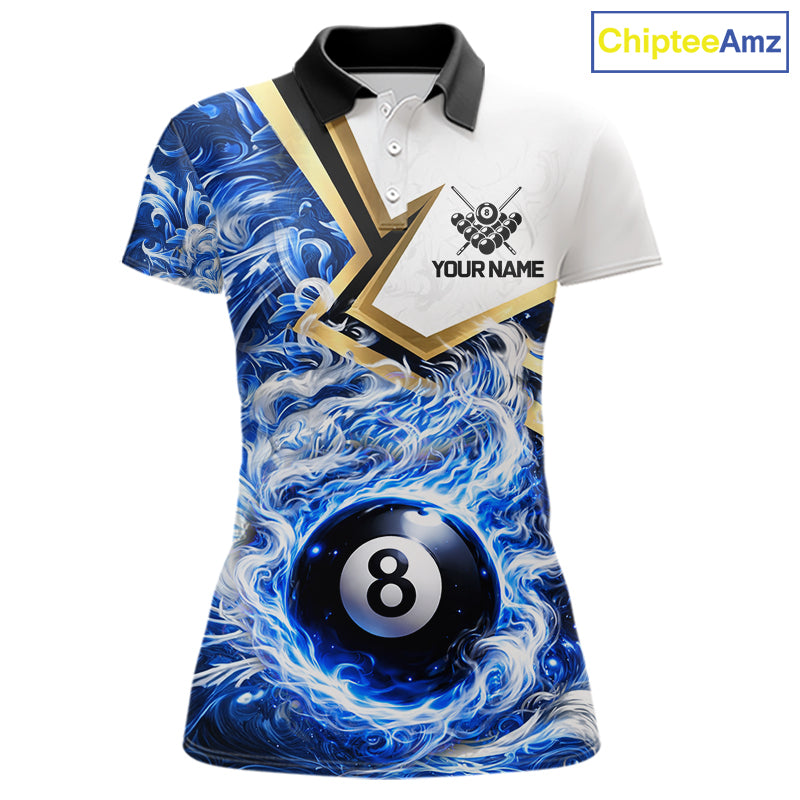 Blue 8 Ball Flame Smoke Golden Billiard Shirt For Women Custom Pool Team Jersey Polo & 1/4 Zip TDM5735
