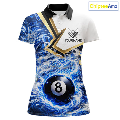 Blue 8 Ball Flame Smoke Golden Billiard Shirt For Women Custom Pool Team Jersey Polo & 1/4 Zip TDM5735