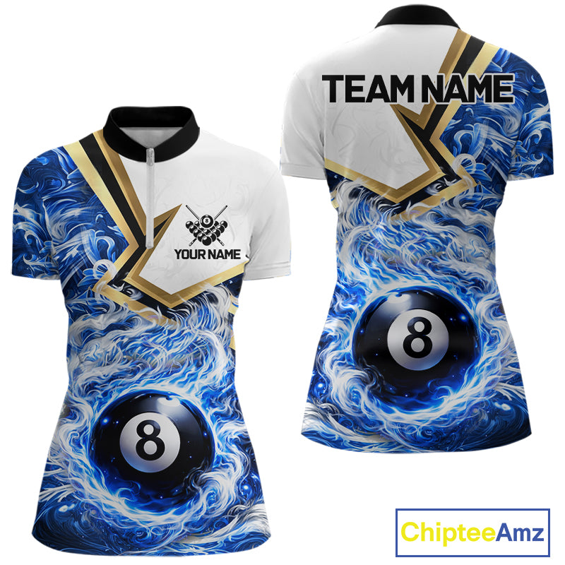 Blue 8 Ball Flame Smoke Golden Billiard Shirt For Women Custom Pool Team Jersey Polo & 1/4 Zip TDM5735