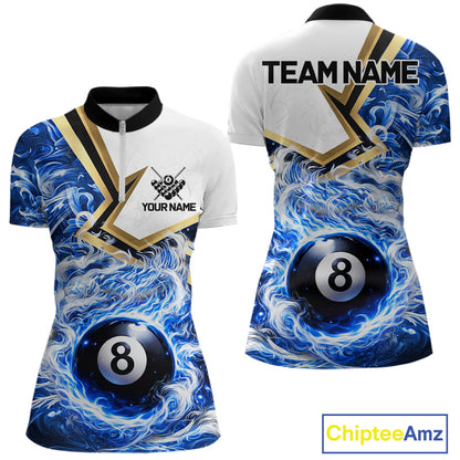 Blue 8 Ball Flame Smoke Golden Billiard Shirt For Women Custom Pool Team Jersey Polo & 1/4 Zip TDM5735