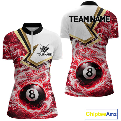 Red 8 Ball Flame Smoke Golden Billiard Shirt For Women Custom Pool Team Jersey Polo & 1/4 Zip TDM5736