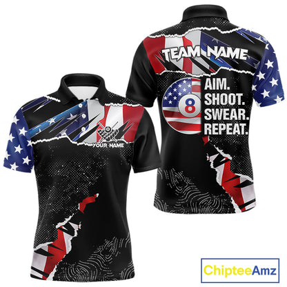 American Flag 8 Ball Aim Shoot Swear Repeat Men's Billiard Shirt Custom Pool Jersey Polo & 1/4 Zip TDM5928