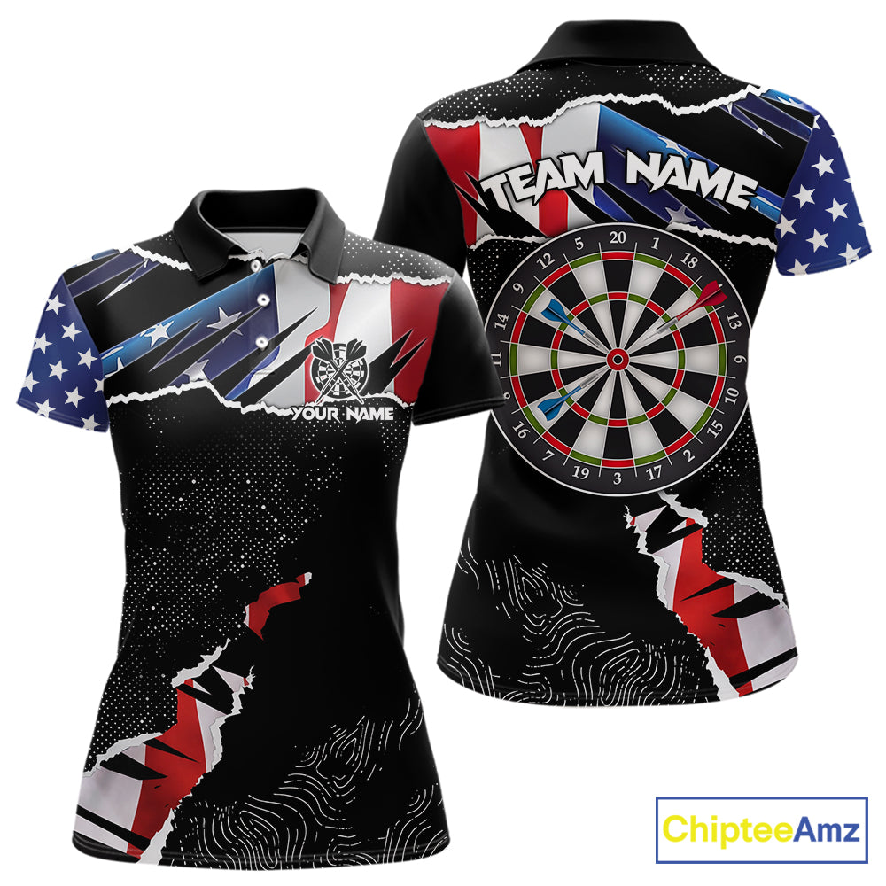 Custom Grunge American Flag Darts Shirt For Women, Patriotic Darts Team Jersey Polo & 1/4 Zip TDM5929