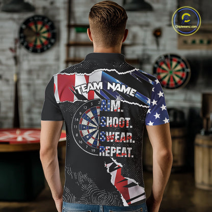 American Flag Aim Shoot Swear Repeat Darts Shirt For Men Custom Darts Jersey Team Polo & 1/4 Zip TDM5930