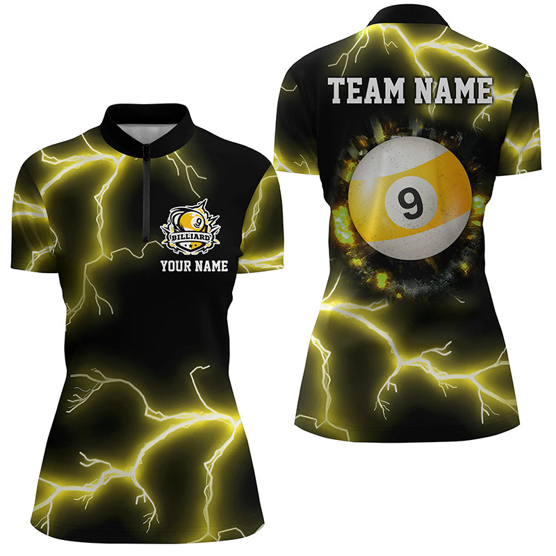 Yellow 9 Ball Pool Thunder Lightning Women Quarter-Zip Shirts Custom Billiards Team Shirts TDM1243