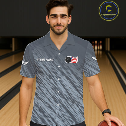Personalized US Flag Grey Hawaiian Bowling Shirt For Women, Patriotic Bowling Team Jersey TDM6087