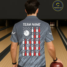 Load image into Gallery viewer, Personalized US Flag Grey Hawaiian Bowling Shirt For Women, Patriotic Bowling Team Jersey TDM6087