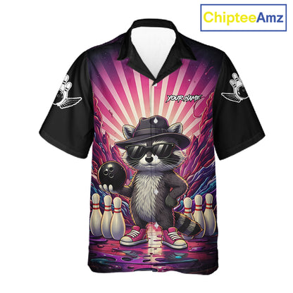 Pink Funny Raccoon Hawaiian Bowling Shirt For Women Custom Graffiti Bowling Team Jersey TDM6092
