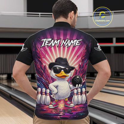 Pink Funny Duck Bowling Jersey For Men Custom Graffiti Bowling Shirt Team Polo & 1/4 Zip Shirt TDM6094