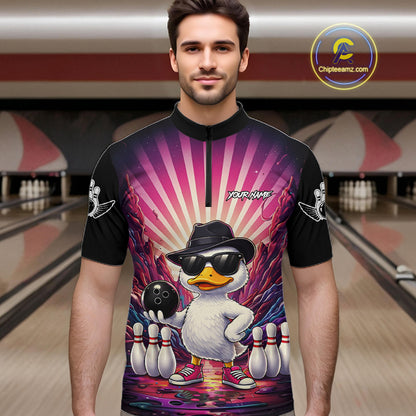 Pink Funny Duck Bowling Jersey For Men Custom Graffiti Bowling Shirt Team Polo & 1/4 Zip Shirt TDM6094