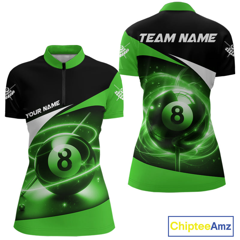 Green 8 Ball Pool Billiard Shirt For Women Custom Glowing Billiard Team Jersey Polo & 1/4 Zip TDM6342
