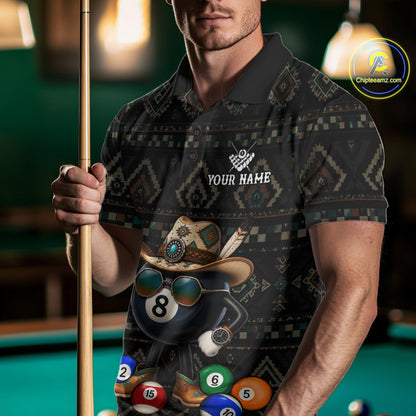 Man wearing an 8 ball tribal pattern billiard jersey beside a pool table front view.