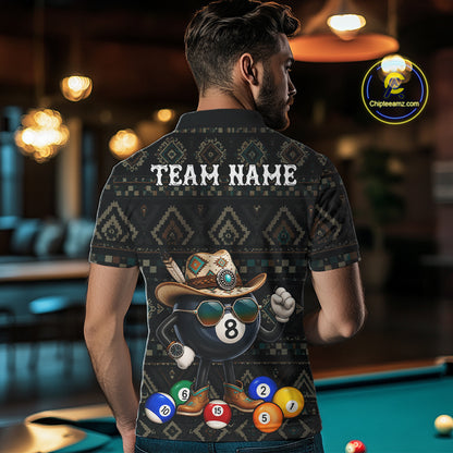 Back view of man wearing an 8 ball tribal pattern pool shirt in a billiards hall.