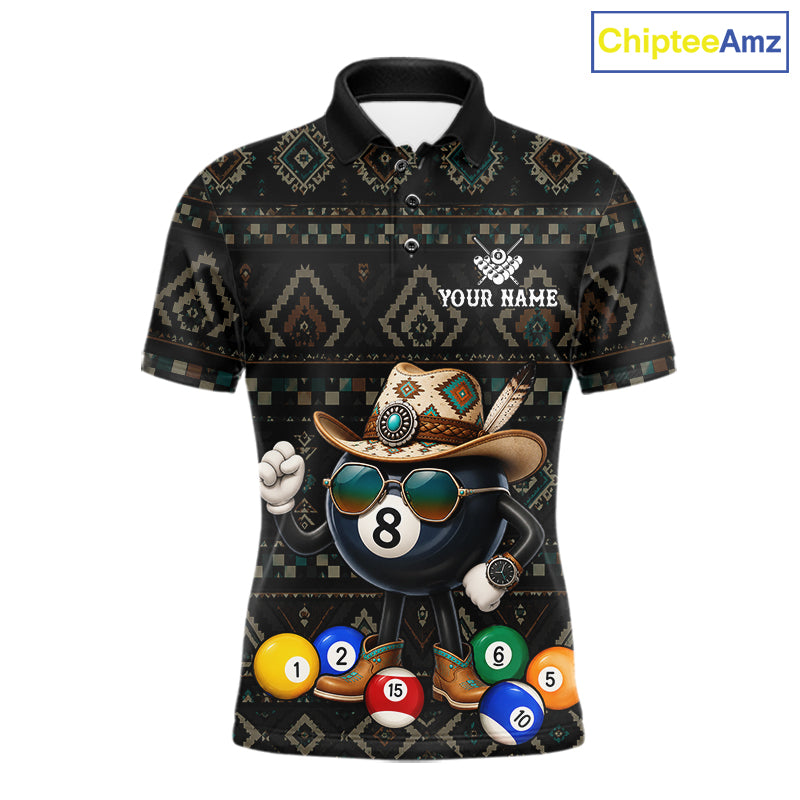 8 ball tribal pattern billiard polo shirt for men with custom pool team graphics.