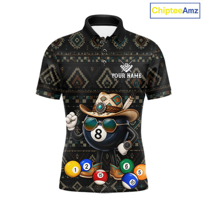 8 ball tribal pattern billiard polo shirt for men with custom pool team graphics.