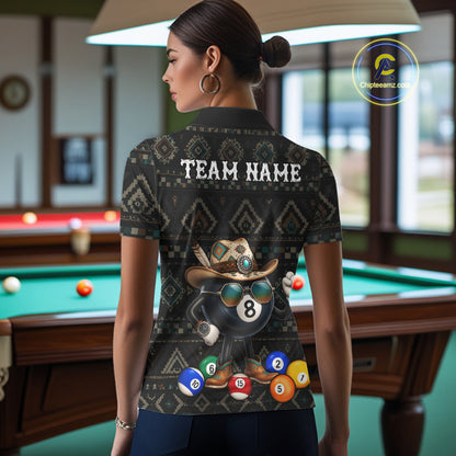 Back view of woman wearing an 8 ball tribal pattern pool shirt in a billiards hall.