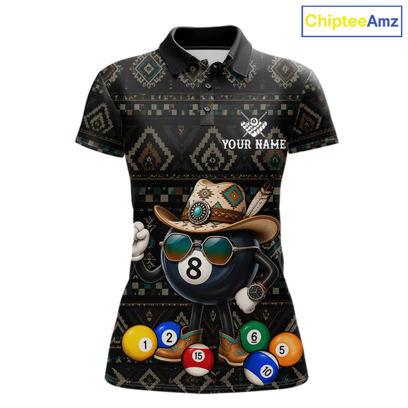 8 ball tribal pattern billiard polo shirt for women with custom pool team graphics.