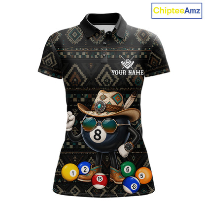 8 ball tribal pattern billiard polo shirt for women with custom pool team graphics.