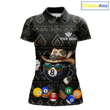 Load image into Gallery viewer, 8 ball tribal pattern billiard polo shirt for women with custom pool team graphics.