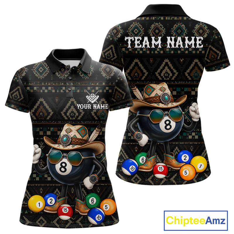 8 ball tribal pattern billiard polo shirt for women with custom pool team graphics.
