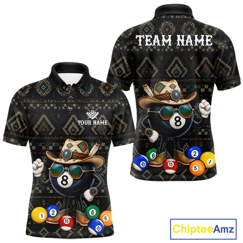 8 ball tribal pattern billiard polo shirt for men with custom pool team graphics.