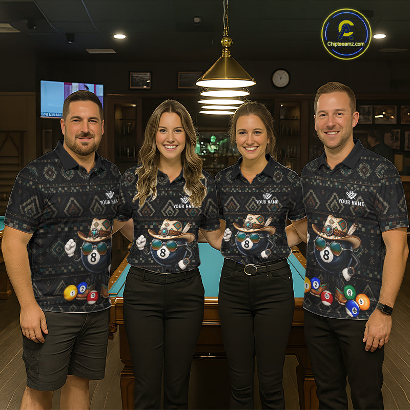 Pool team wearing matching 8 ball tribal billiard jerseys during tournament play front view.
